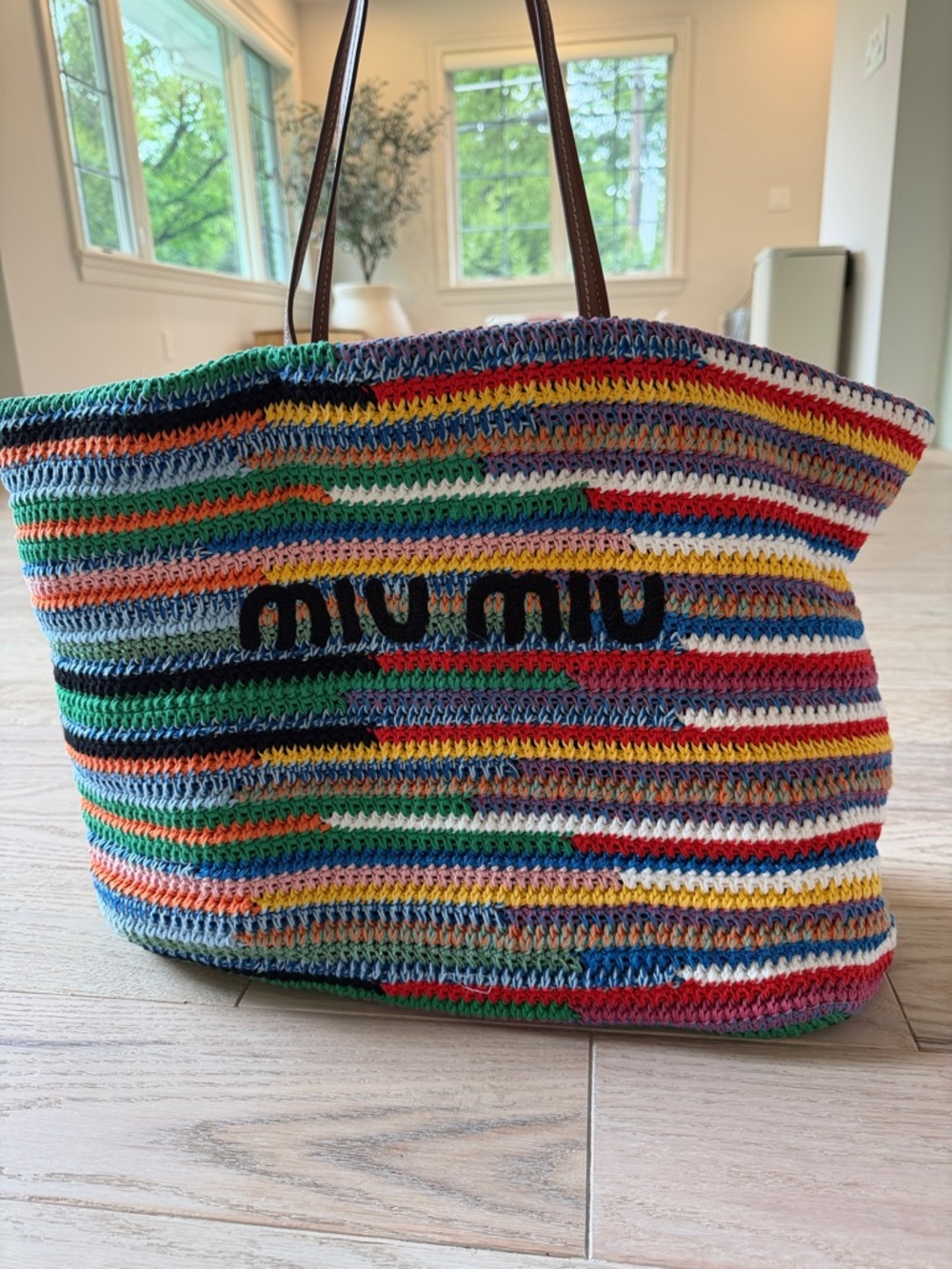 Miu Miu Multicolor Striped Crochet Tote with Black Logo